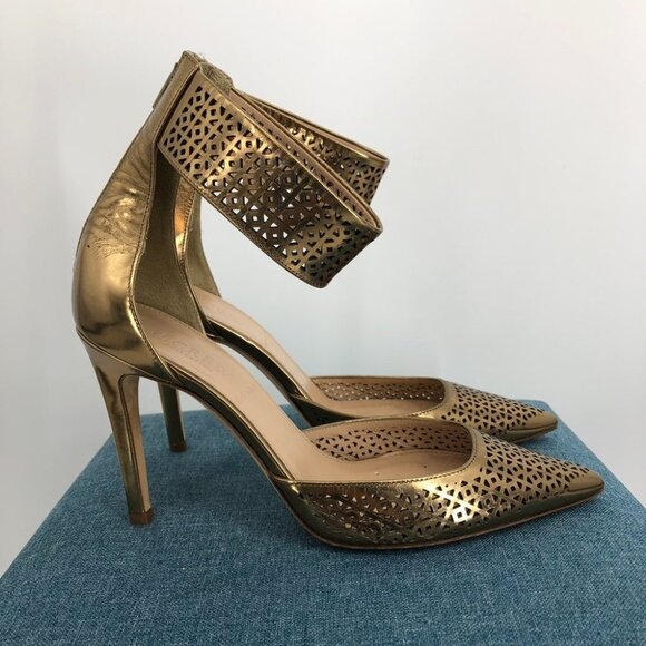 J.Crew Gold Perforated Pointed Toe Ankle Strap Natasha Mirror Metallic Heels 7 - Picture 3 of 15